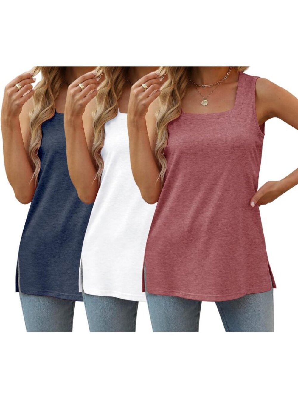Plus Size Women's 3 Pack Tank Tops - Basic Sleeveless Square Neck Tees